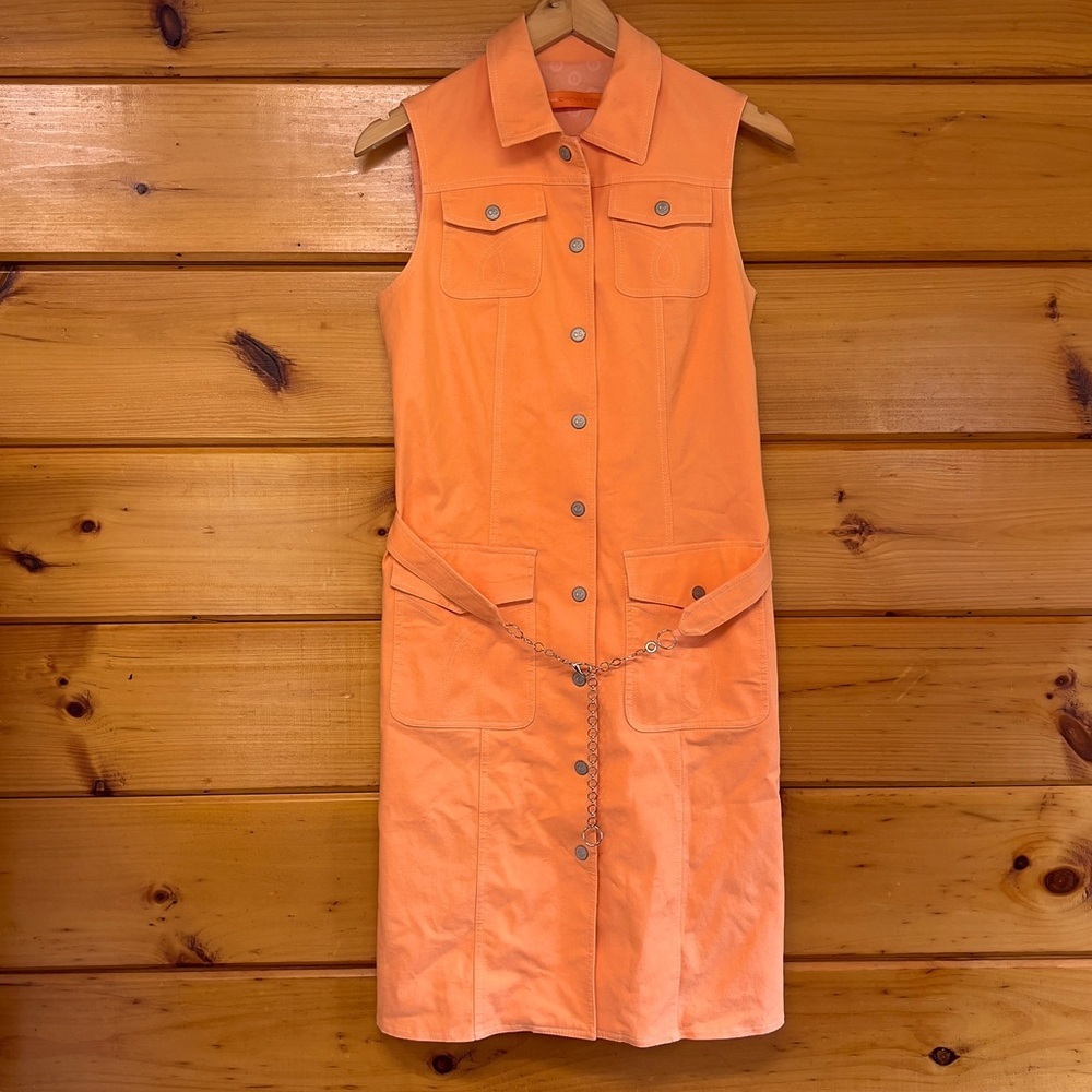 Cynthia Steffe Salmon Lined Denim Sheath Snaps Dress Belted with Notched Collar